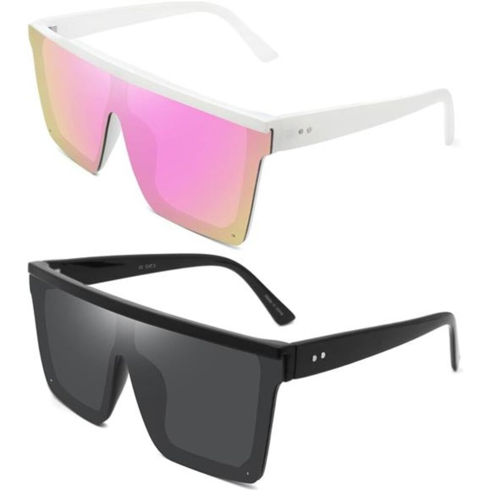 2 Pair Square Flat Top Sunglasses for Women Men, Big Fashion Oversized Rimless